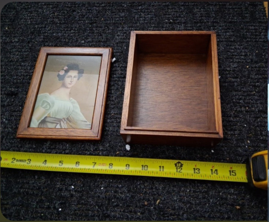 Antique Wooden Keepsake Box with Vintage Victorian Lady Portrait