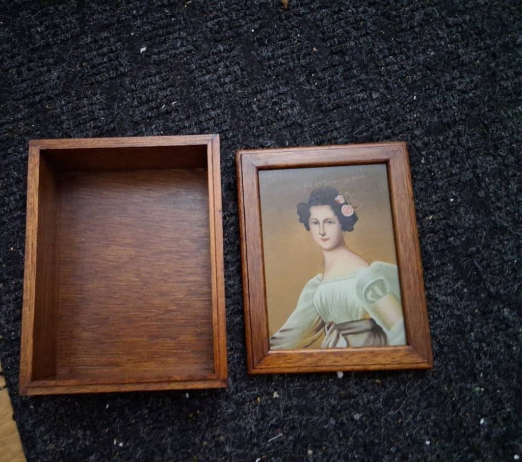 Antique Wooden Keepsake Box with Vintage Victorian Lady Portrait