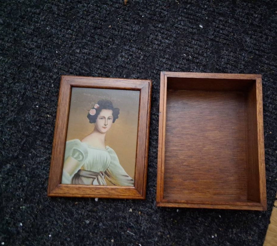Antique Wooden Keepsake Box with Vintage Victorian Lady Portrait