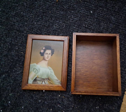 Antique Wooden Keepsake Box with Vintage Victorian Lady Portrait